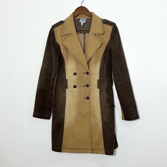Vintage 90s Two Tone Denim Trench Coat Colorblock Boho Indie Longline Jacket - Picture 2 of 10